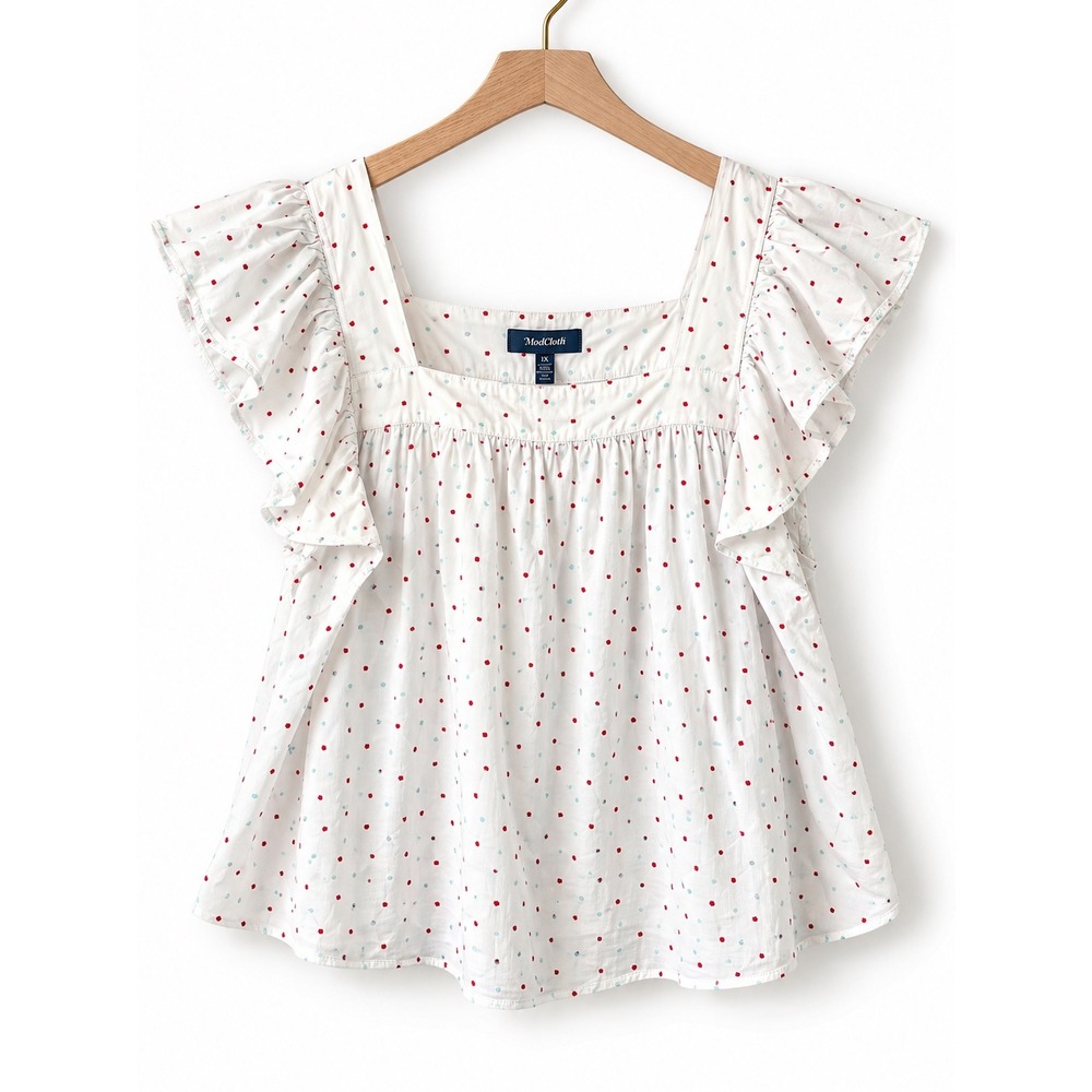 ModCloth 1X Cotton Embroidered Retro Swiss Dot Cotton Peasant Top Ruffle Casual